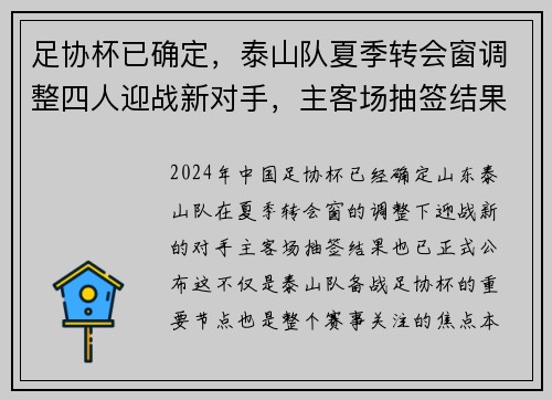 足协杯已确定，泰山队夏季转会窗调整四人迎战新对手，主客场抽签结果公布