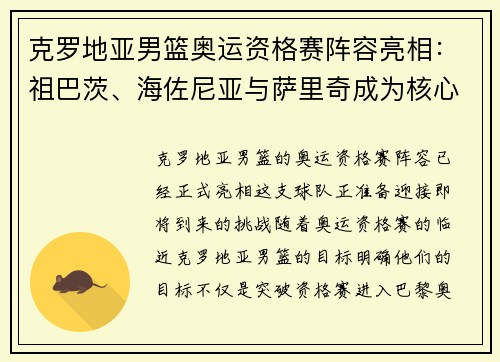 克罗地亚男篮奥运资格赛阵容亮相：祖巴茨、海佐尼亚与萨里奇成为核心球员